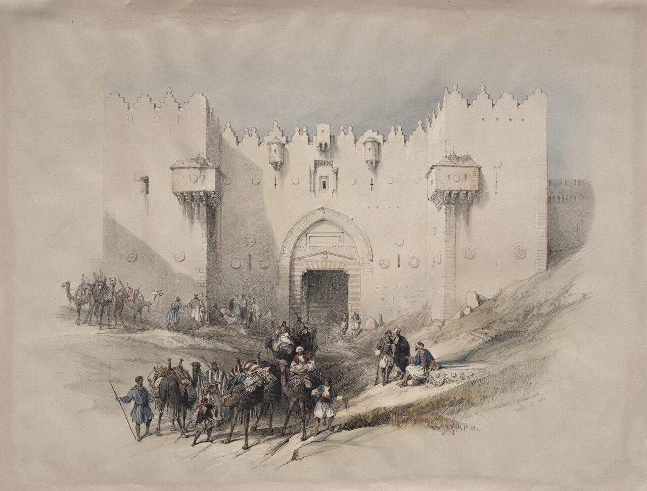 A lithograph of the Damascus Gate in Jerusalem’s north wall, with travellers and camels before it