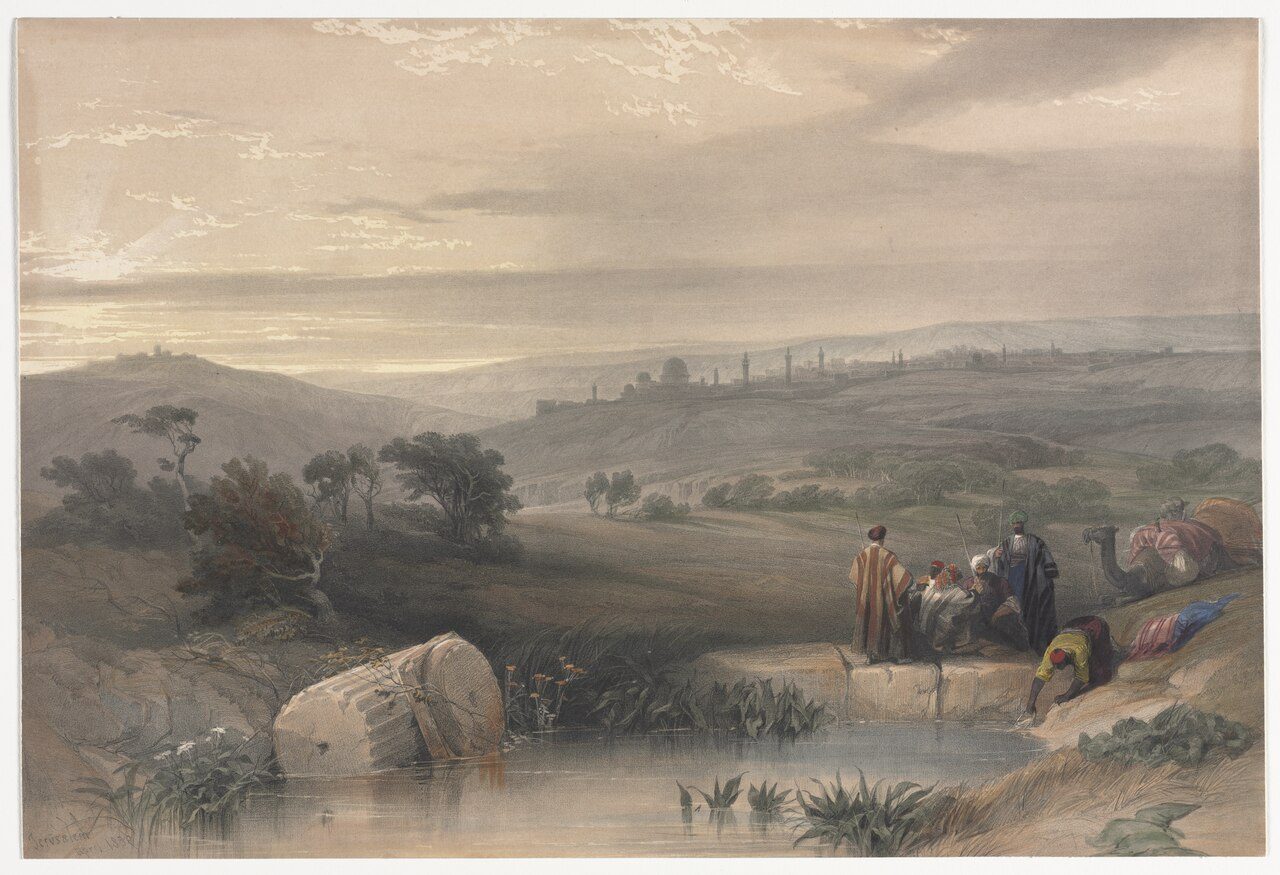 A lithograph of Jerusalem seen from the north, its walls and domes across a rocky valley