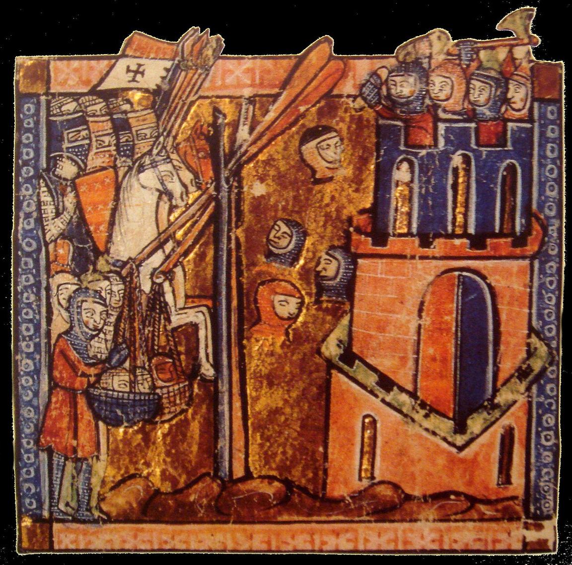 A thirteenth-century miniature of crusaders working a counterweight trebuchet against a walled city