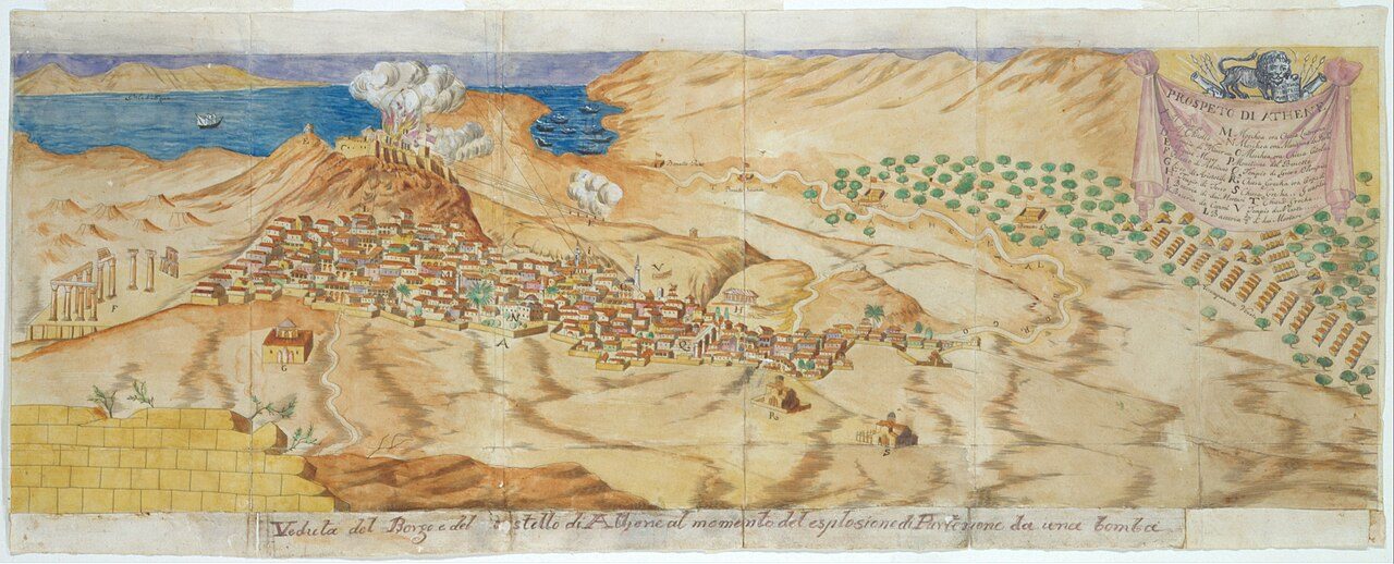 A seventeenth-century drawing of the Acropolis of Athens under bombardment, with the Parthenon exploding