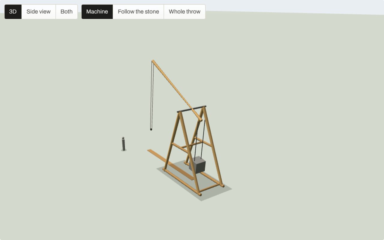 The Proving Ground: a three-dimensional trebuchet mid-throw beside sliders for its parts