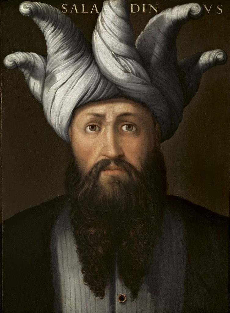 A sixteenth-century painted portrait of Saladin in a white turban