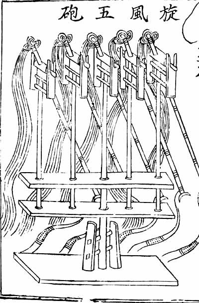 A Chinese woodcut of a battery of five traction trebuchets on one frame